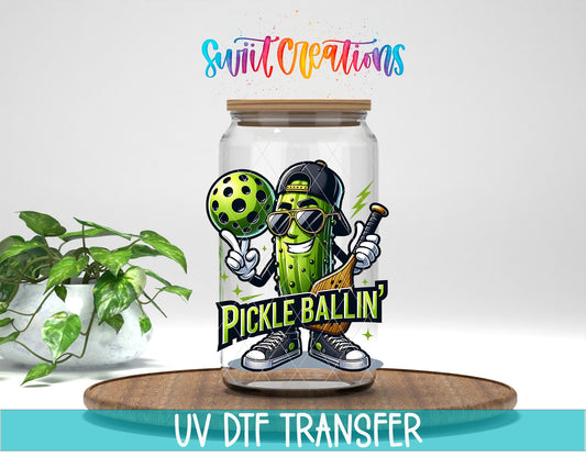 Pickle Ballin Funny Pickleball UV DTF transfer displayed on a clear jar mockup from Swiit Creations