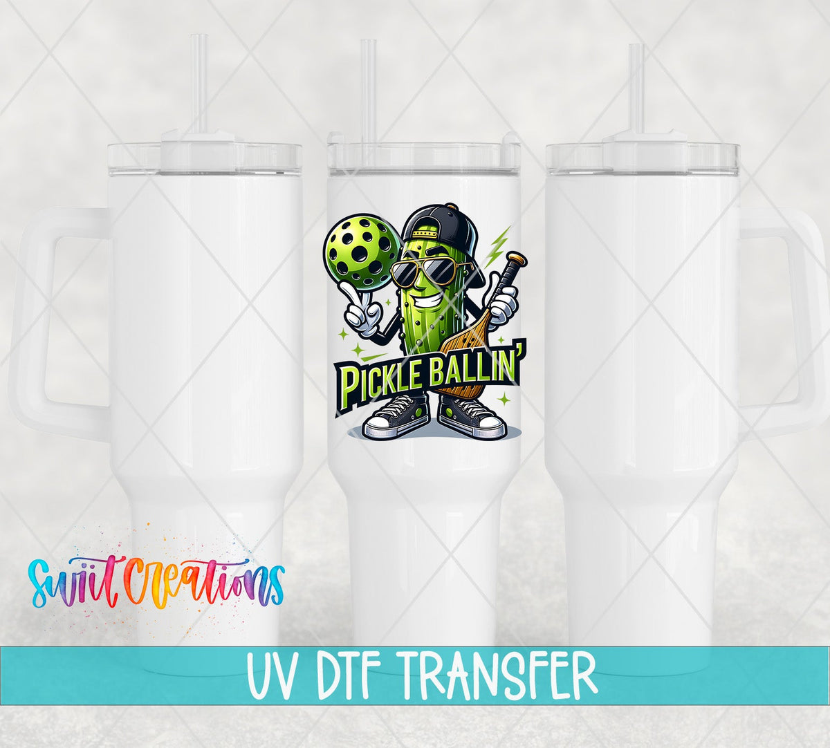 Pickle Ballin Funny Pickleball UV DTF transfer applied to a white tumbler set from Swiit Creations