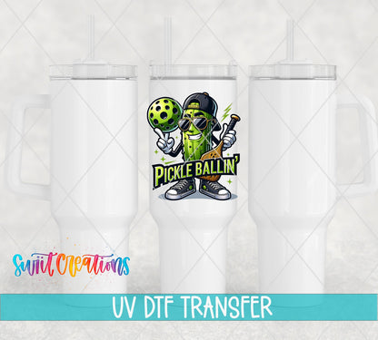 Pickle Ballin Funny Pickleball UV DTF transfer applied to a white tumbler set from Swiit Creations