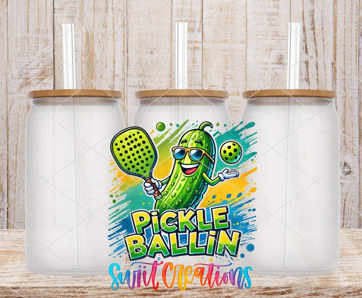 Pickle Ballin Funny Pickleball Sports Design UV DTF transfer applied to a clear glass can set from Swiit Creations