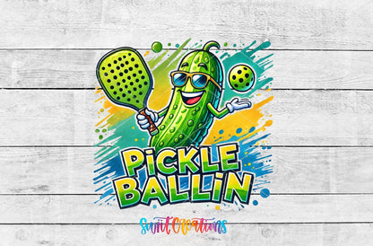 Pickle Ballin Funny Pickleball Sports Design UV DTF transfer shown as a full artwork preview from Swiit Creations