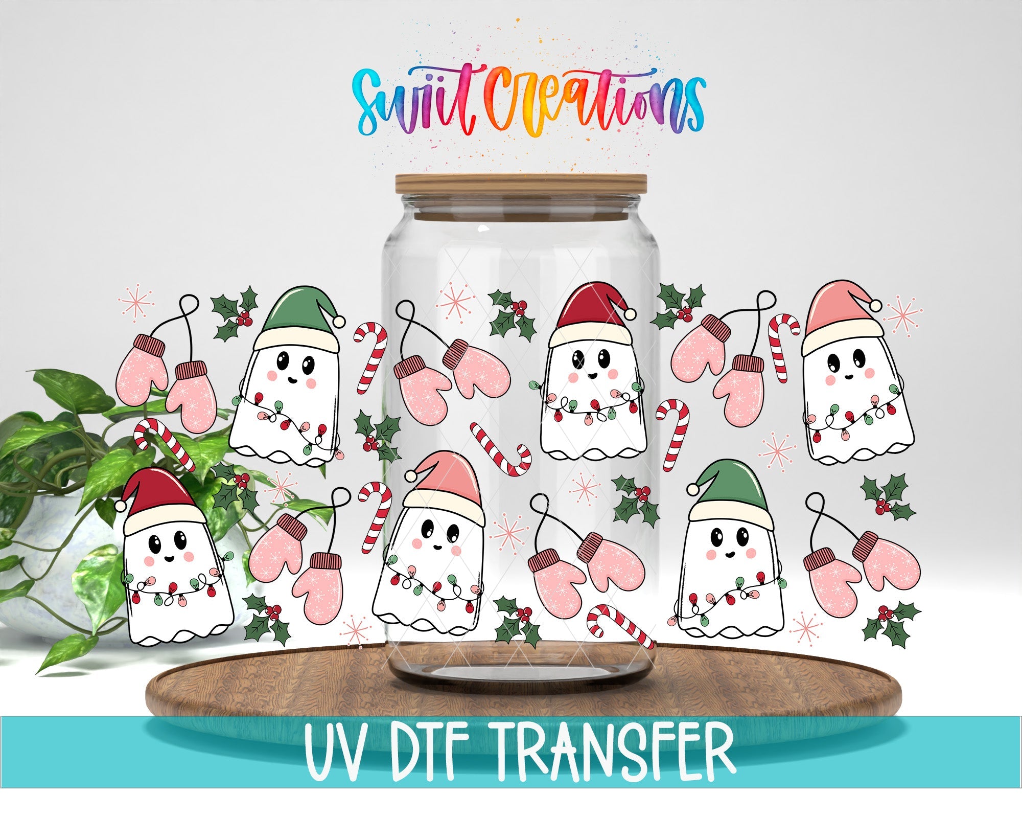 Pink Christmas Ghosts Candy Cane UV DTF Transfer Tumbler Wrap | DTF118 - Swiit Creations