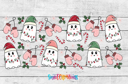 Pink Christmas Ghosts Candy Cane UV DTF Transfer Tumbler Wrap | DTF118 - Swiit Creations