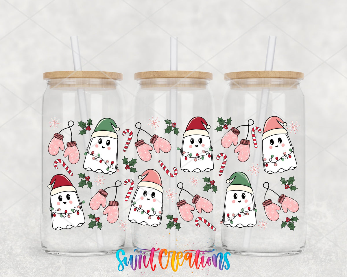 Pink Christmas Ghosts Candy Cane UV DTF Transfer Tumbler Wrap | DTF118 - Swiit Creations