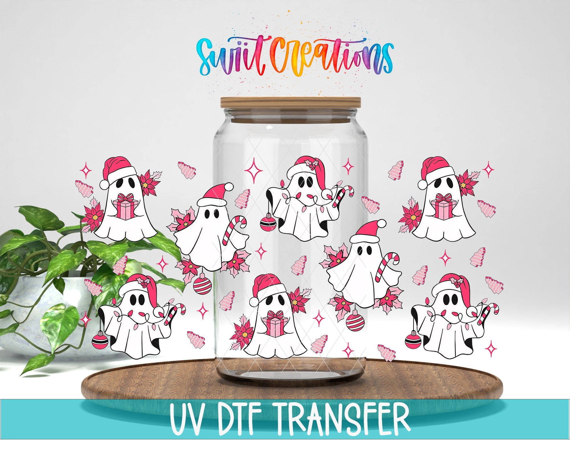 Pink Christmas Ghosts UV DTF Transfer Tumbler Wrap | DTF093 - Swiit Creations