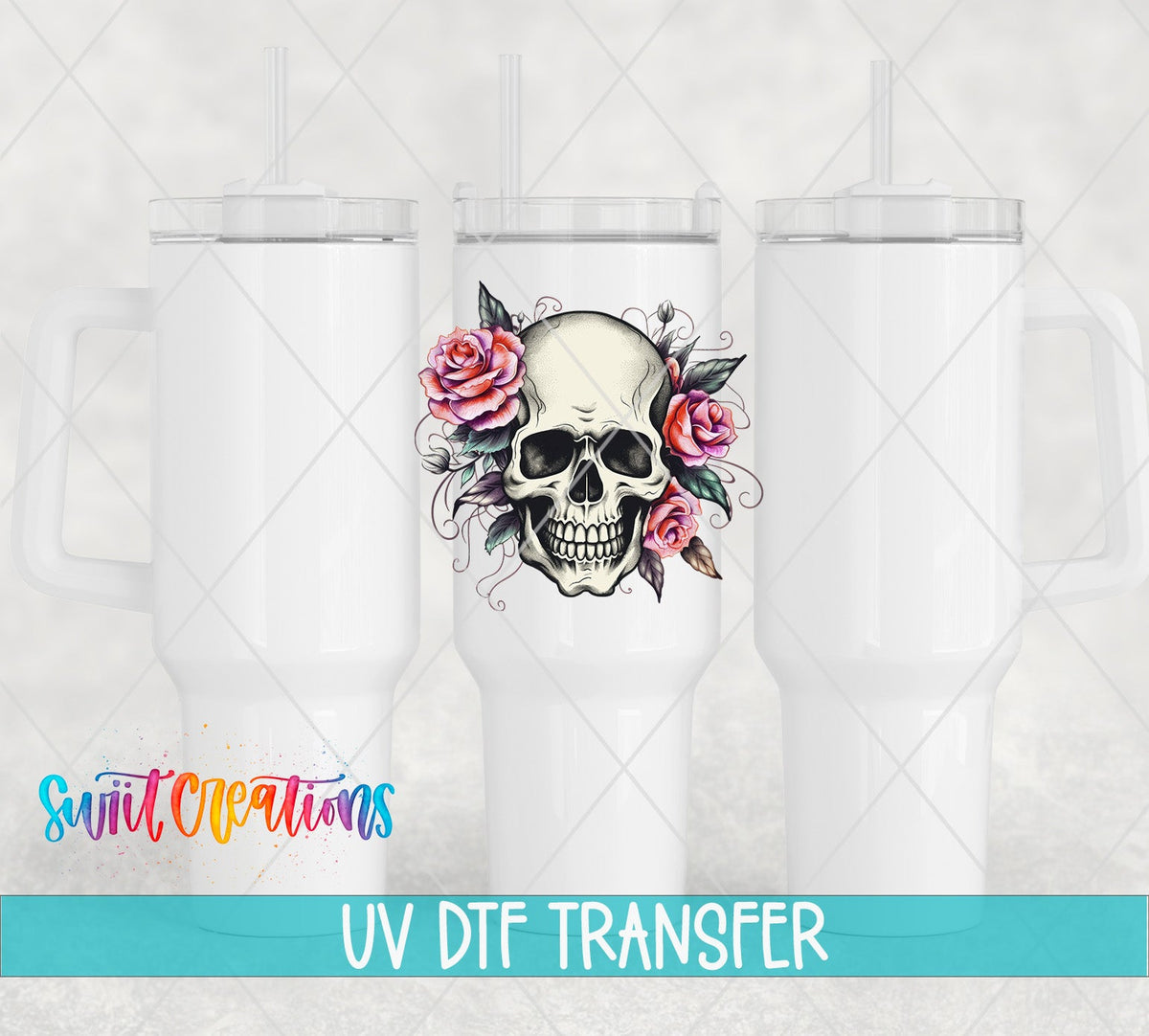 Pink Floral Skull UV DTF Cup Decal | UV724 - Swiit Creations