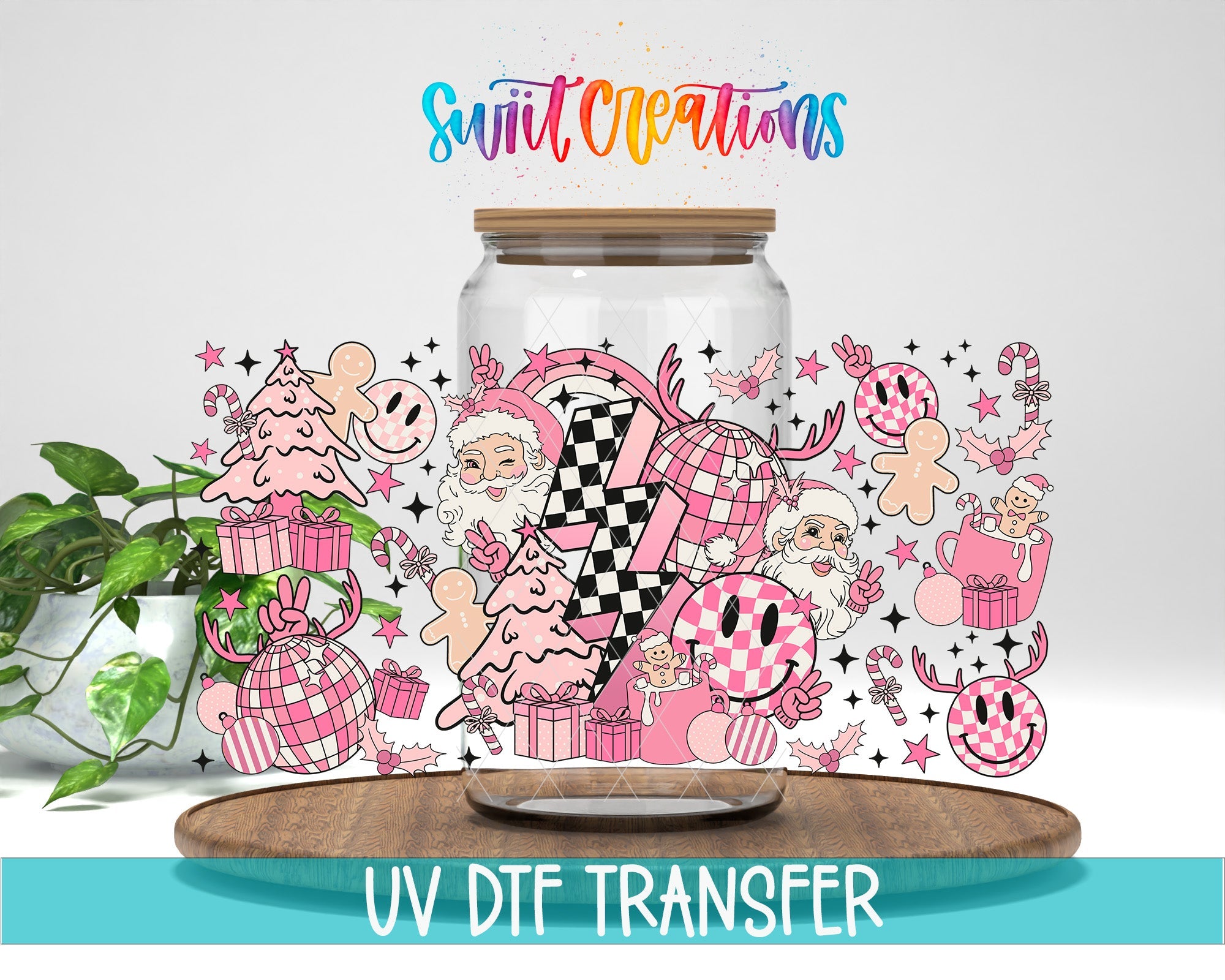 Pink Retro Christmas Santa Smiley Face Gingerbread UV DTF Wrap | DTF217 - Swiit Creations