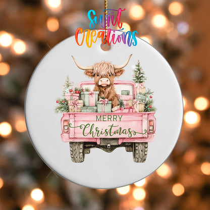 Pink Truck Highland Cow Christmas UV DTF Ornament Transfer | O-1602 - Swiit Creations