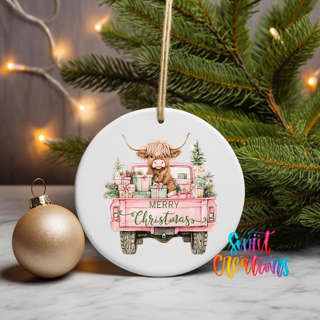 Pink Truck Highland Cow Christmas UV DTF Ornament Transfer | O-1602 - Swiit Creations