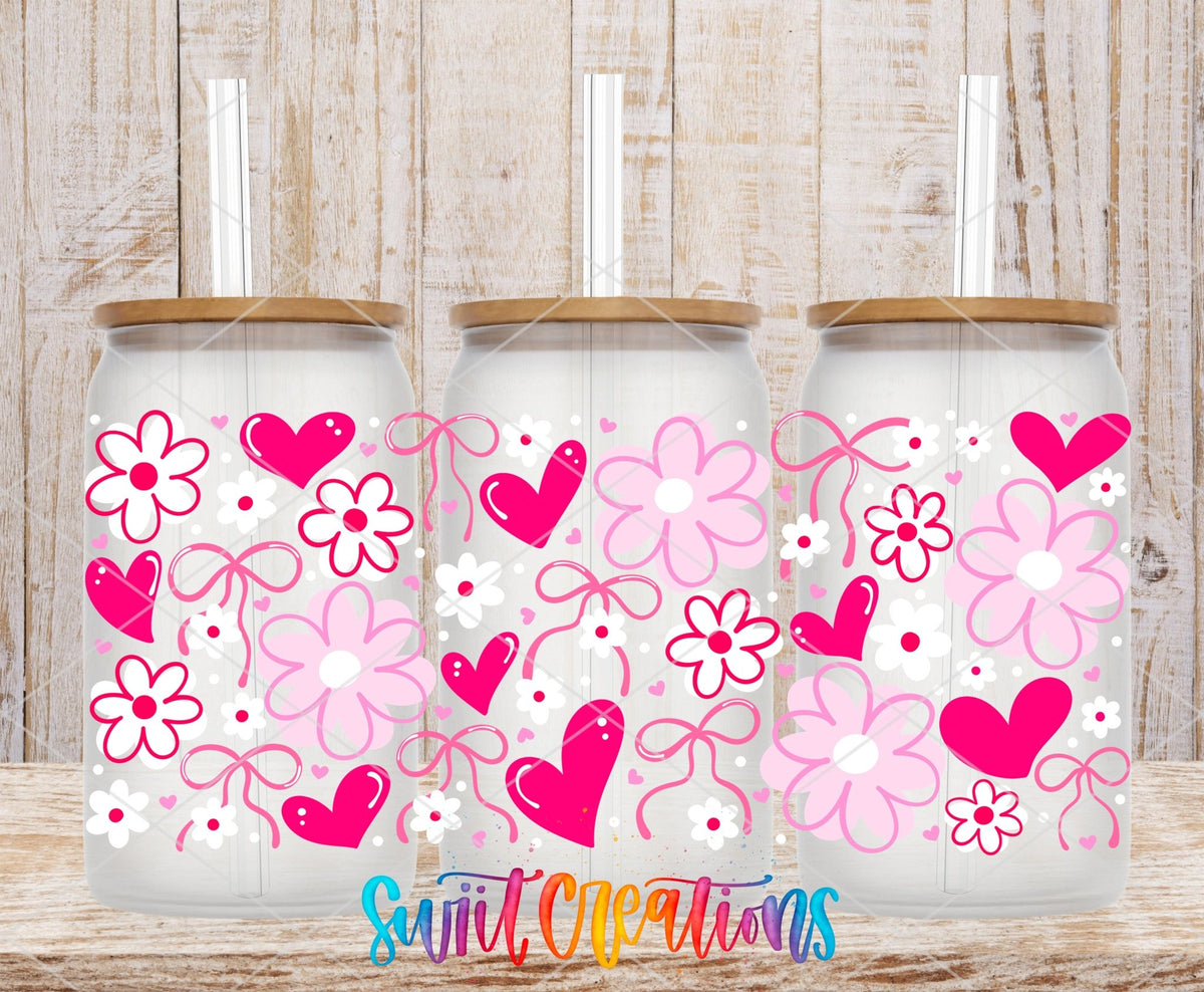 Pink Valentine Floral Hearts and Bows UV DTF Transfer Tumbler Wrap | DTF324 - Swiit Creations