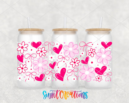 Pink Valentine Floral Hearts and Bows UV DTF Transfer Tumbler Wrap | DTF324 - Swiit Creations