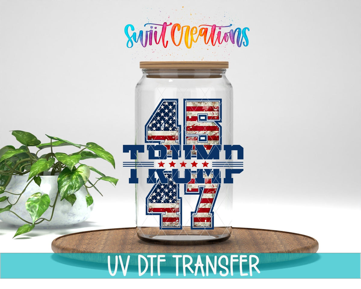 Swiit Creations UV DTF Trump 45 47 transfer displayed on a clear jar mockup