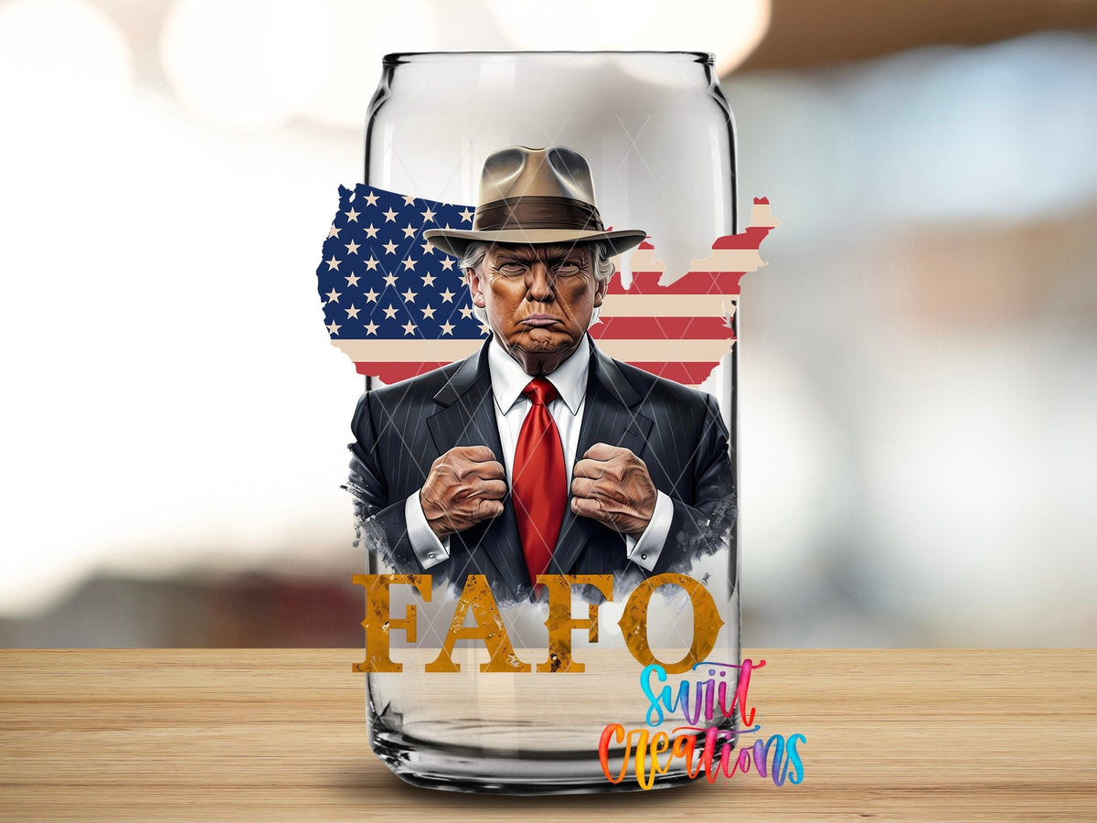 Swiit Creations UV DTF Political USA Trump transfer applied to a clear glass can
