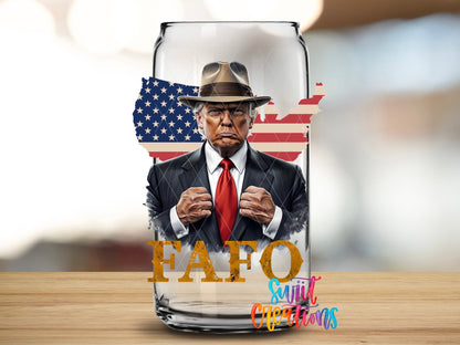 Swiit Creations UV DTF Political USA Trump transfer applied to a clear glass can