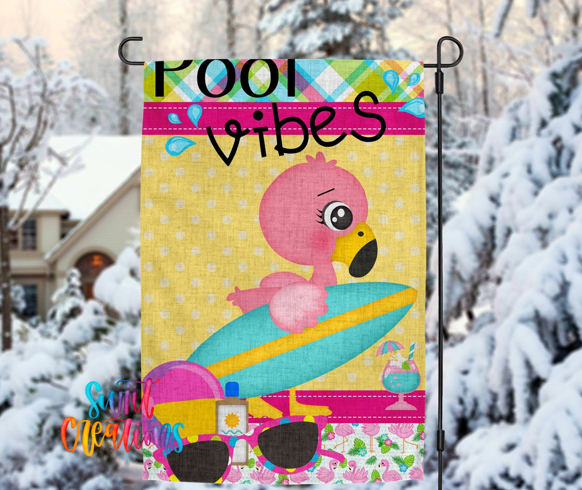 Pool Vibes Flamingo Yard Flag | Summer Pool Garden Flag | Cute Flamingo Outdoor Decor | Pool Party Yard Flag | Tropical Pool Flag | YF61 - Swiit Creations
