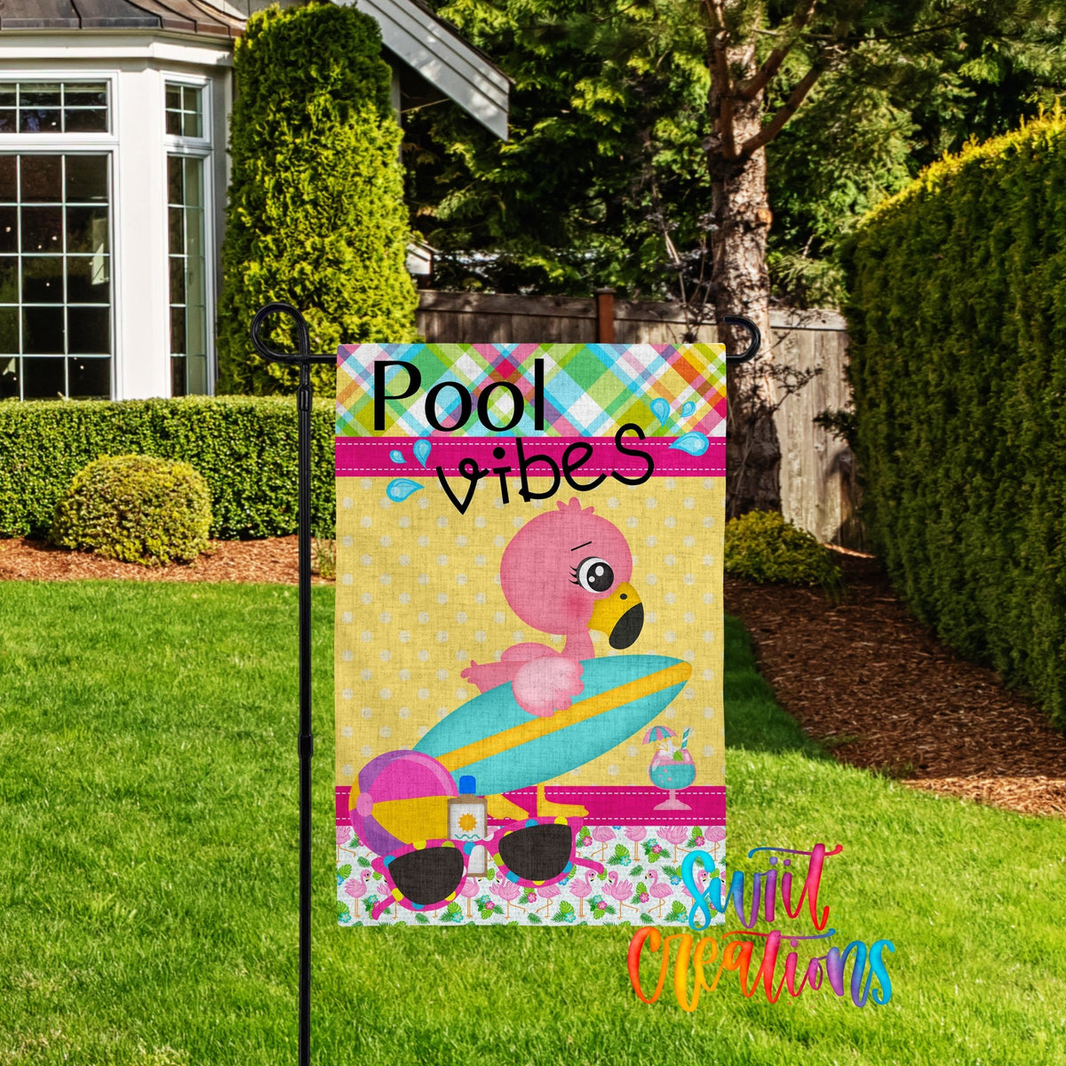 Pool Vibes Flamingo Yard Flag | Summer Pool Garden Flag | Cute Flamingo Outdoor Decor | Pool Party Yard Flag | Tropical Pool Flag | YF61 - Swiit Creations