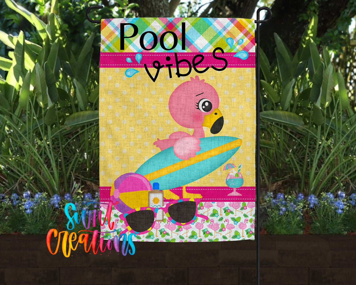 Pool Vibes Flamingo Yard Flag | Summer Pool Garden Flag | Cute Flamingo Outdoor Decor | Pool Party Yard Flag | Tropical Pool Flag | YF61 - Swiit Creations