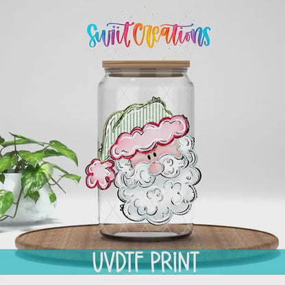 Christmas Tumbler UV DTF Decal: Cute Santa Face, Pink and Green | UV1528