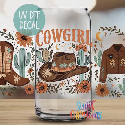 Cowgirl Western UV DTF Transfer Tumbler Wrap | Cowboy Hat Boots Jacket Floral Tumbler Design | DTF282