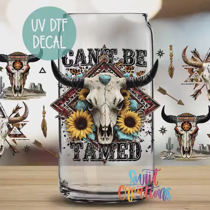 Cant Be Tamed Western UV DTF Transfer Tumbler Wrap | Boho Bull Skull Sunflower Tumbler Design | DTF283