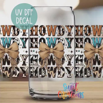 Howdy Western UV DTF Transfer Tumbler Wrap | Cowhide Bow Country Pattern Tumbler Design | DTF281