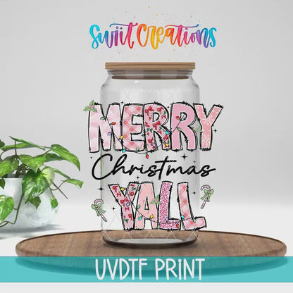 Merry Christmas Yall Pink Patchwork UV DTF Cup Decal | UV1207