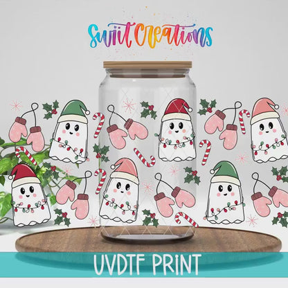 Pink Christmas Ghosts Candy Cane UV DTF Transfer Tumbler Wrap | DTF118