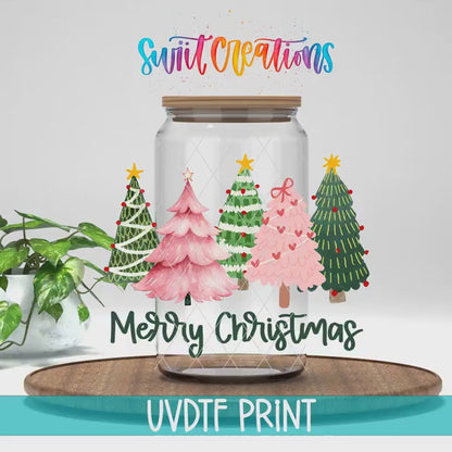 Merry Christmas Pink And Green Trees UV DTF Cup Decal | UV1213