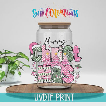 Merry Christmas Pink Patchwork UV DTF Cup Decal | UV1212
