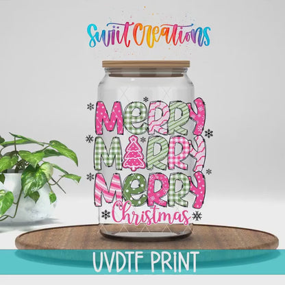 Merry Christmas Pink Patchwork UV DTF Cup Decal | UV1214