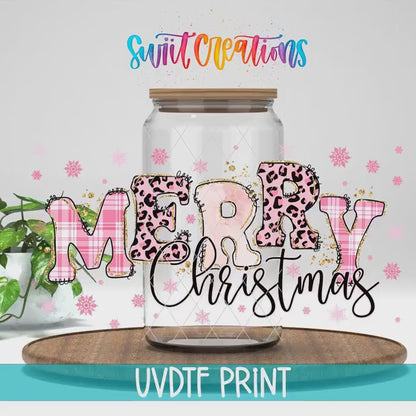 Merry Christmas Pink Plaid Leopard UV DTF Transfer Tumbler Wrap | DTF089