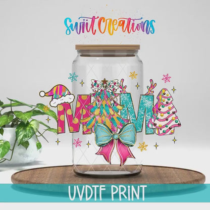 Mama Christmas Pastel Bow Tree UV DTF Cup Decal | UV1300