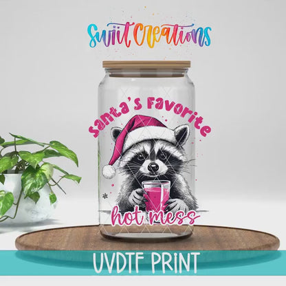 Santa’s Favorite Hot Mess Raccoon Christmas UV DTF Cup Decal | UV1186