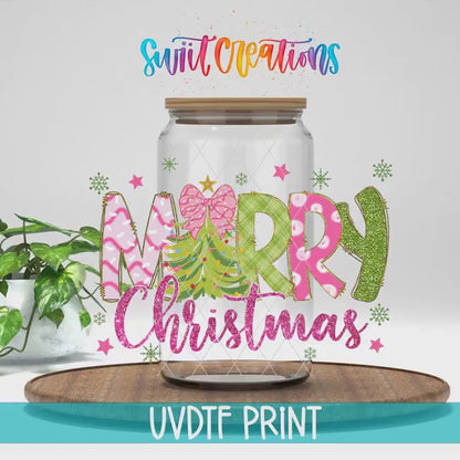Merry Christmas Pink Green Tree UV DTF Transfer Tumbler Wrap | DTF245