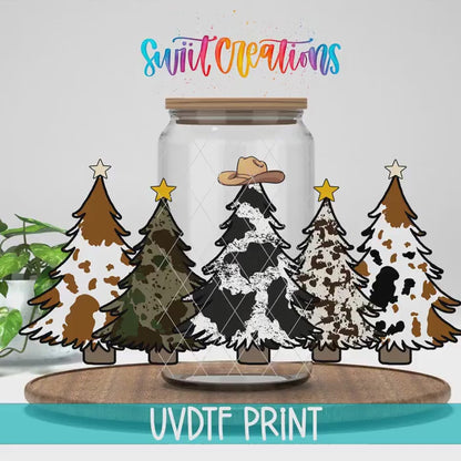 Cow Print Christmas Trees Western UV DTF Transfer Tumbler Wrap | DTF085