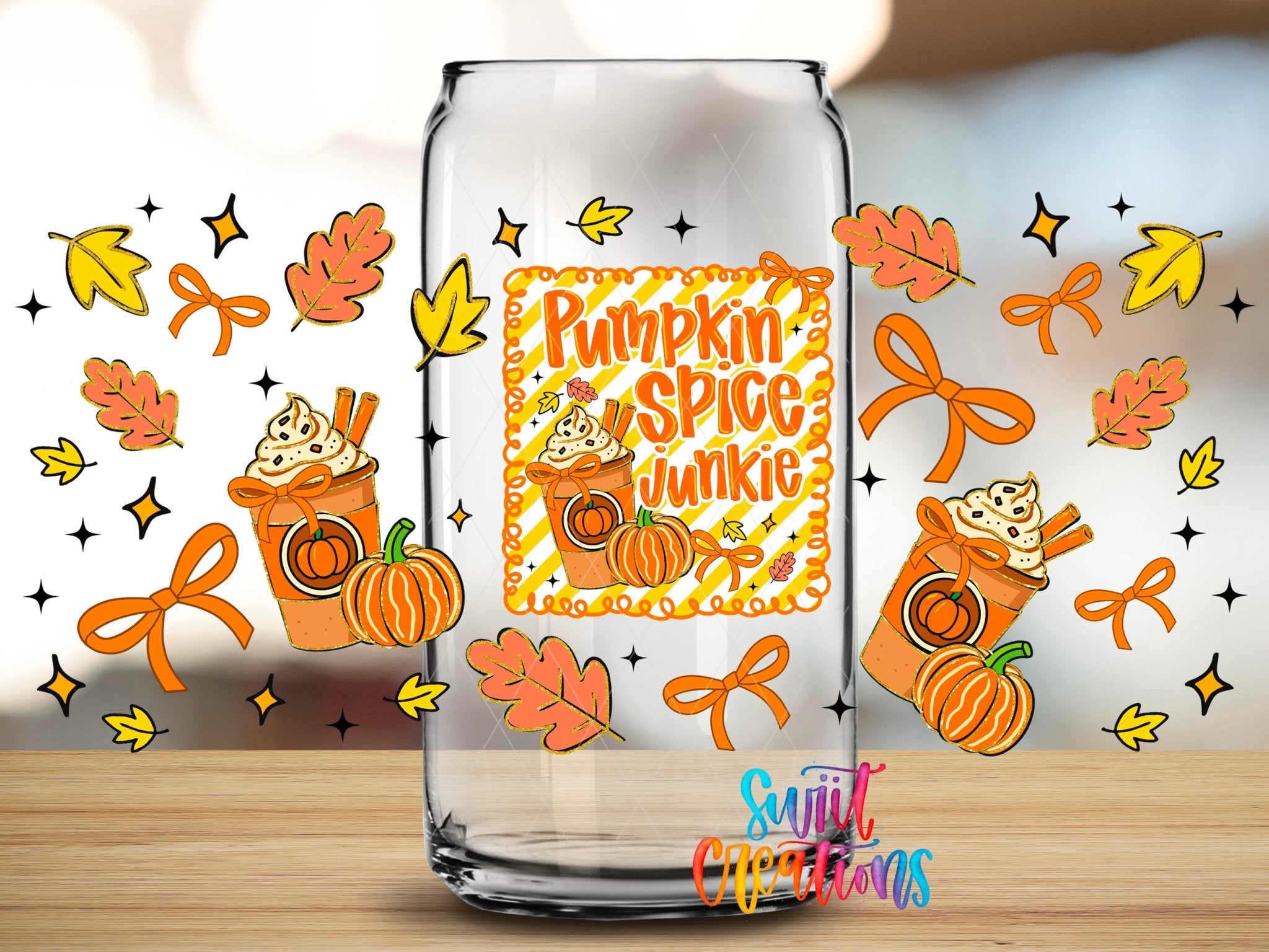 Pumpkin Spice Junkie UV DTF Transfer Tumbler Wrap | Fall Coffee Pumpkin Bow Cup Decal | DTF272 - Swiit Creations