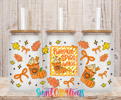 Pumpkin Spice Junkie UV DTF Transfer Tumbler Wrap | Fall Coffee Pumpkin Bow Cup Decal | DTF272 - Swiit Creations