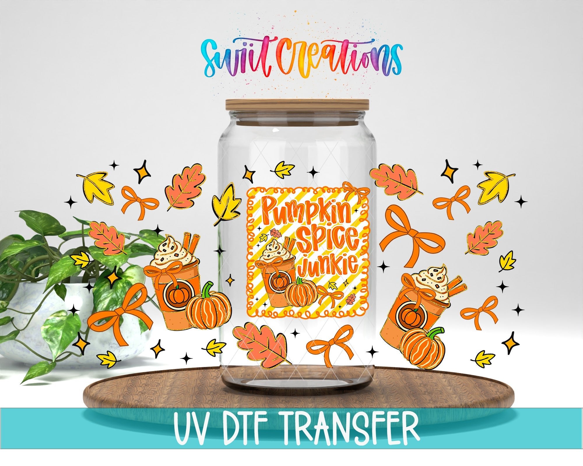 Pumpkin Spice Junkie UV DTF Transfer Tumbler Wrap | Fall Coffee Pumpkin Bow Cup Decal | DTF272 - Swiit Creations