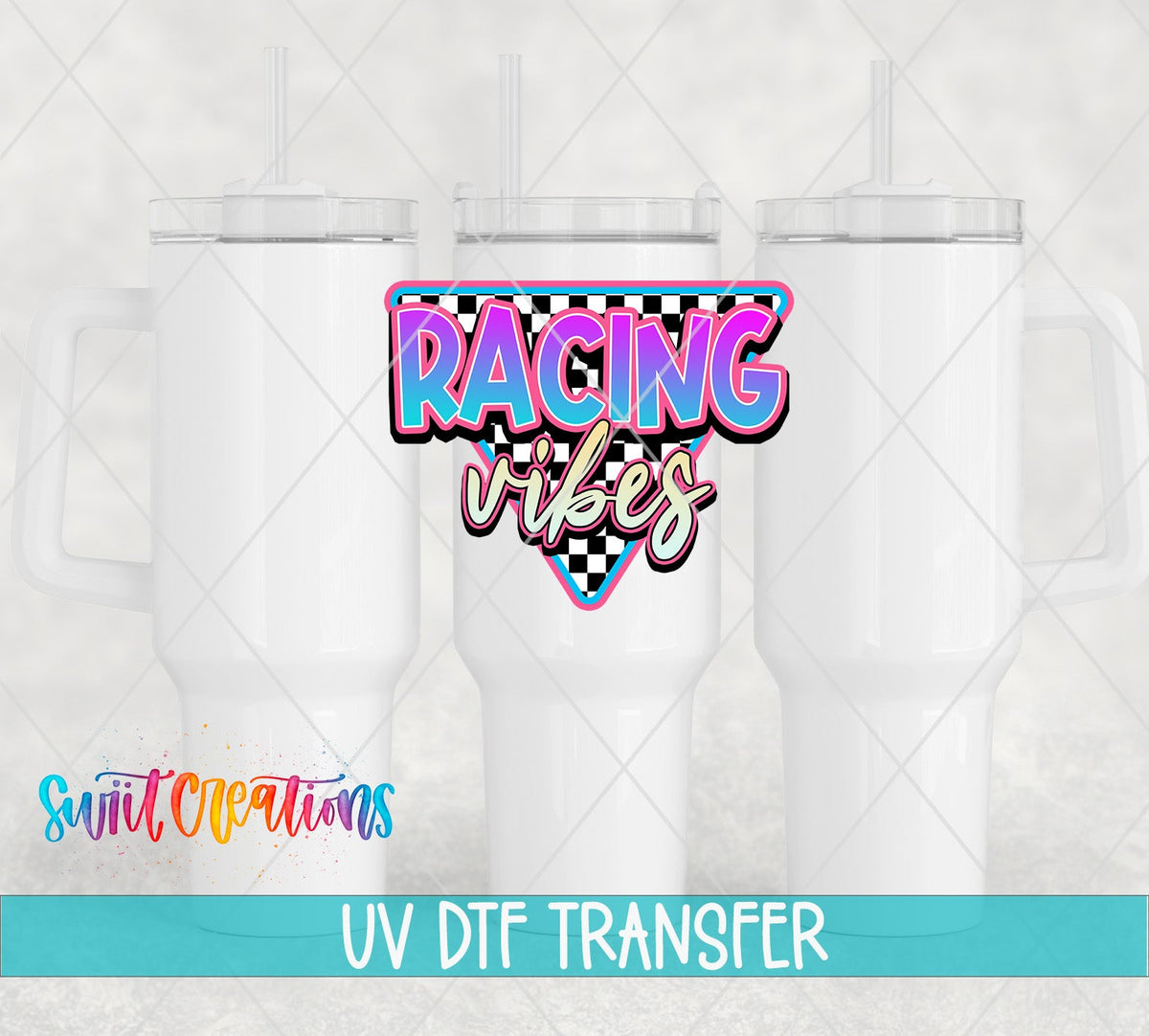Three white tumblers featuring the Racing Vibes UV DTF transfer by Swiit Creations