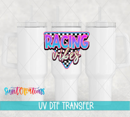 Three white tumblers featuring the Racing Vibes UV DTF transfer by Swiit Creations