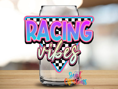 Swiit Creations Racing Vibes retro neon race car and checkered flags UV DTF transfer shown on a clear glass can