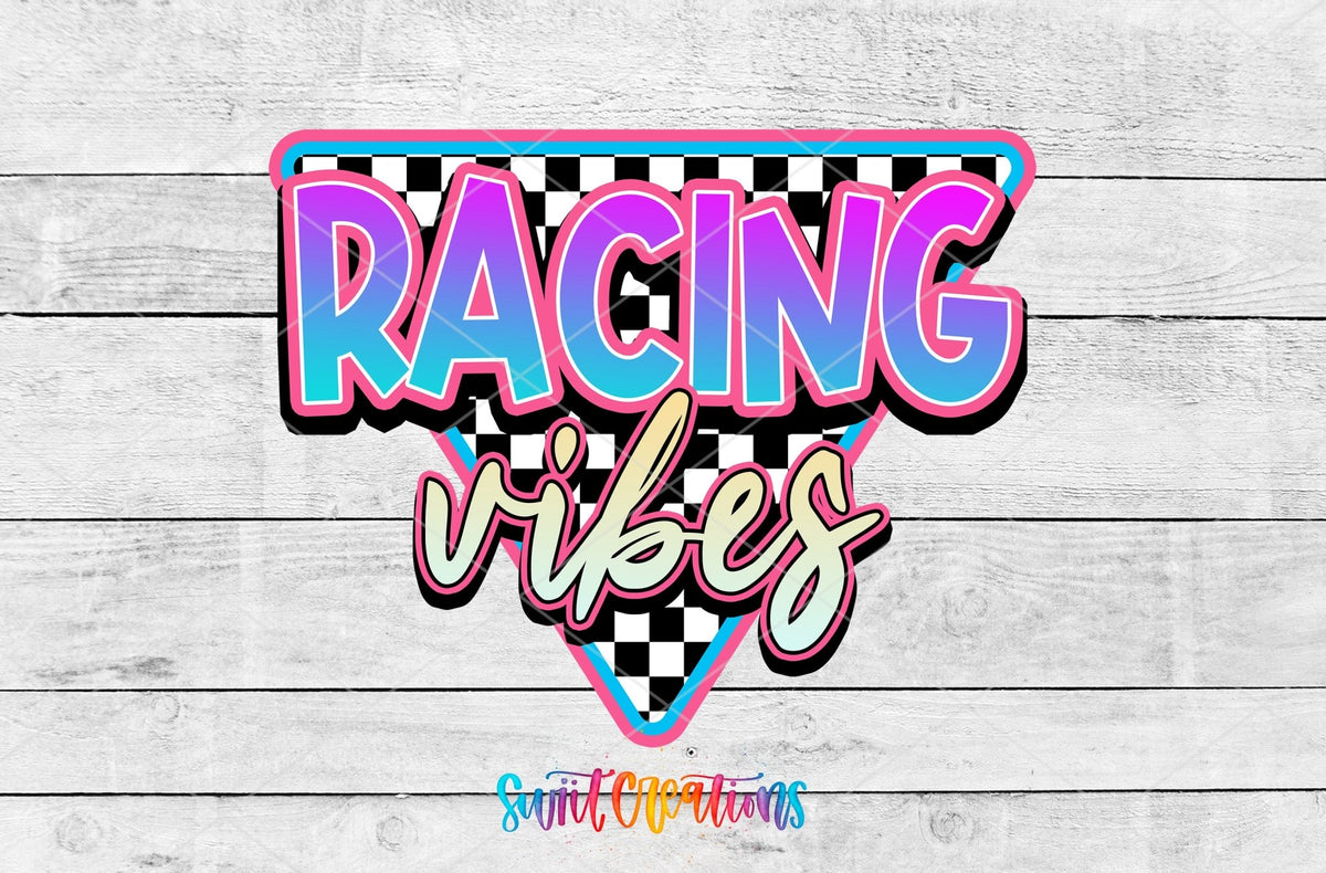 Racing Vibes retro neon race car and checkered flags UV DTF transfer artwork by Swiit Creations