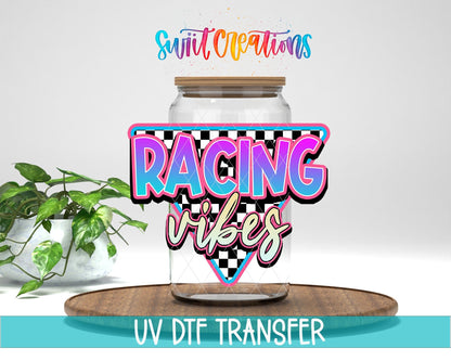Swiit Creations Racing Vibes UV DTF transfer displayed on a clear glass jar mockup