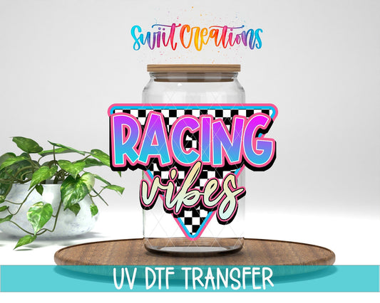 Swiit Creations Racing Vibes UV DTF transfer displayed on a clear glass jar mockup