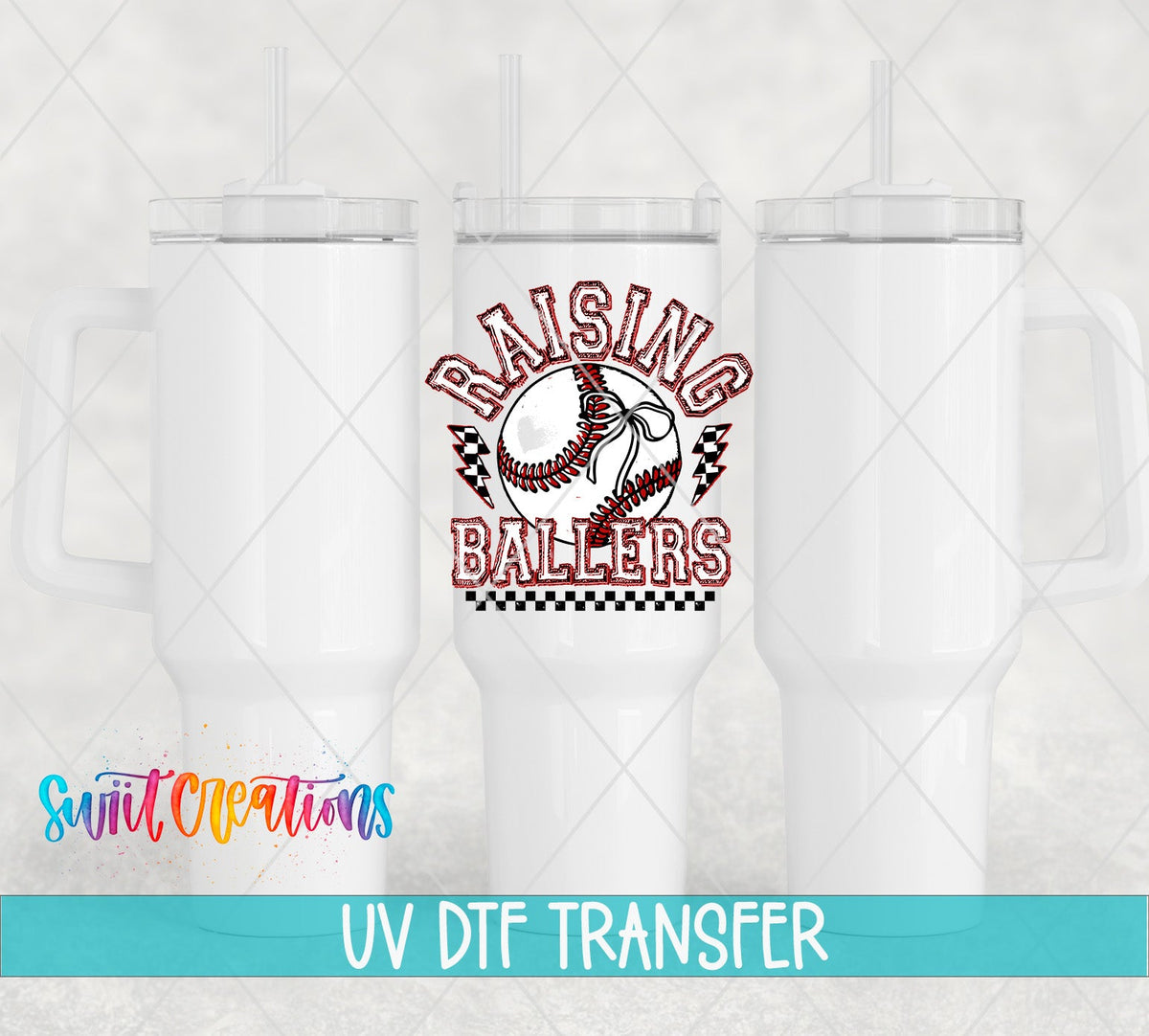 Raising Ballers Baseball UV DTF transfer applied to a white tumbler set from Swiit Creations