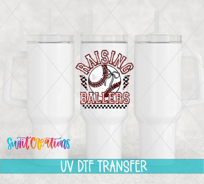 Raising Ballers Baseball UV DTF transfer applied to a white tumbler set from Swiit Creations