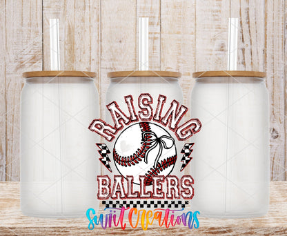 Raising Ballers Baseball UV DTF transfer applied to a clear glass can set from Swiit Creations