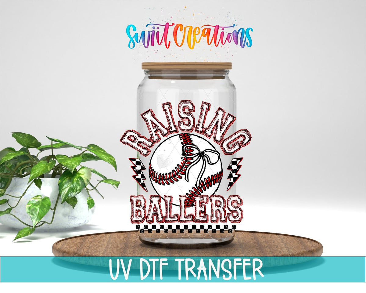 Raising Ballers Baseball UV DTF transfer displayed on a clear jar mockup from Swiit Creations