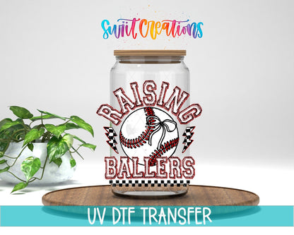 Raising Ballers Baseball UV DTF transfer displayed on a clear jar mockup from Swiit Creations