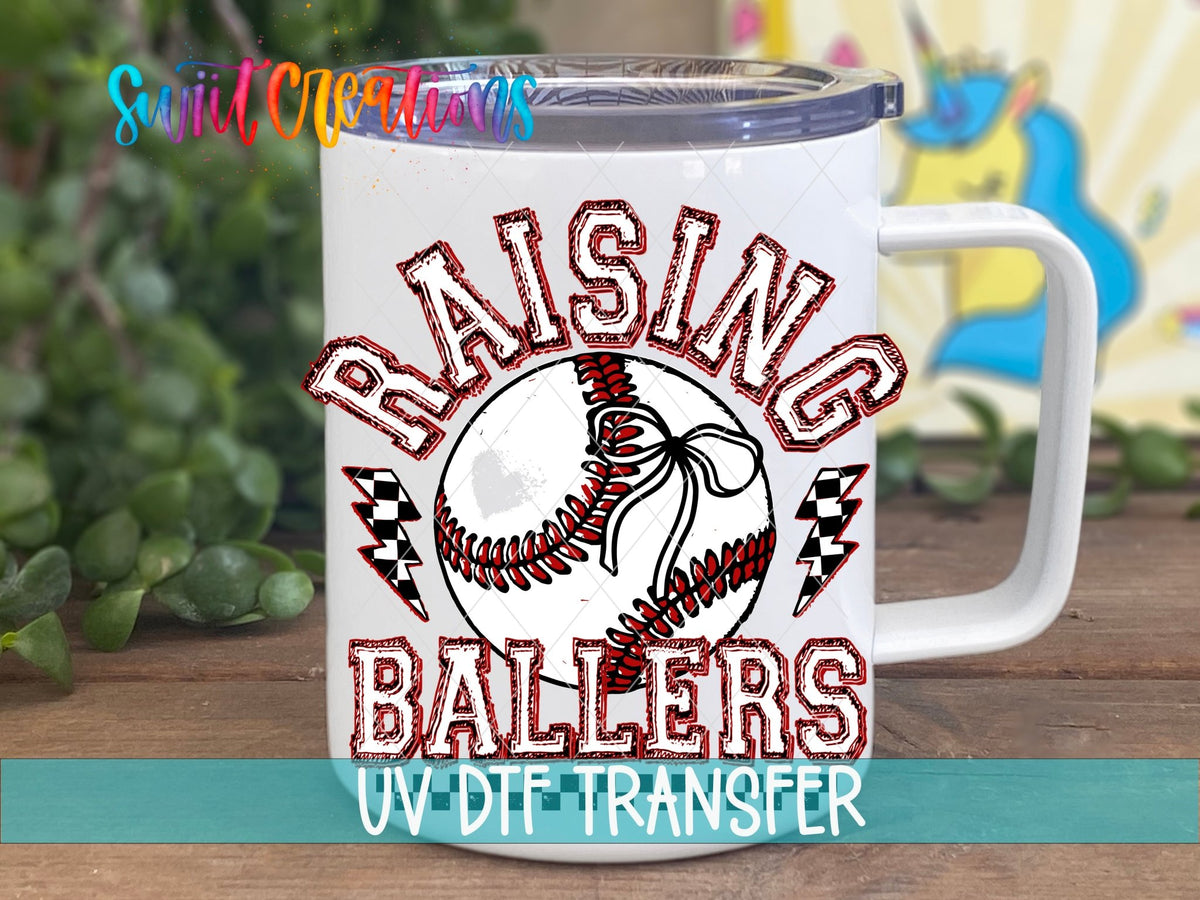 Raising Ballers Baseball UV DTF transfer displayed on a white coffee mug from Swiit Creations